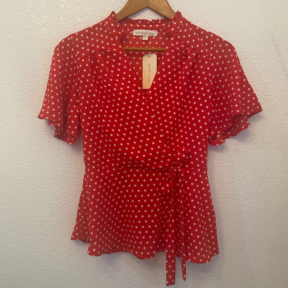 Monteau Red and White Polka Dot Blouse